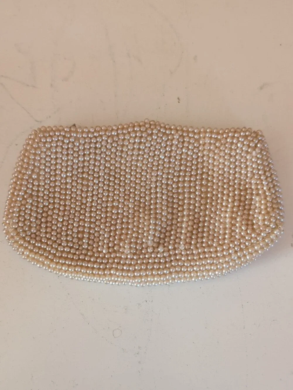 VTG. Faux Pearl Beaded Clutch Bag - Elegant Cream Evening Purse. Made In Japan
